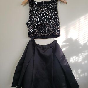 Two Piece Beaded Black Dress with Petticoat Skirt and Elegant Cropped Top - Sz 8